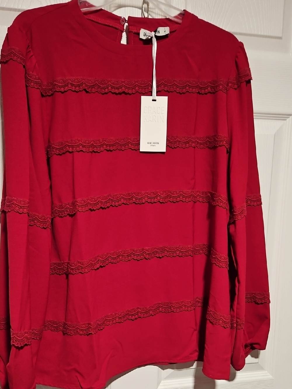 Grace Karin Red Lace-Striped Long Sleeve Blouse